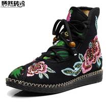 Botas femininas chinesas de outono, sapatos bordados de flores, sapatos étnicos de renda, botas femininas nacionais 2024 - compre barato