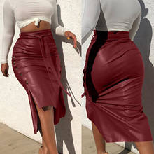 Faux PU Leather Midi Skirt Women's High Waist Button Trim Solid Color Slit Bodycon Pencil Skirt with Belt 2024 - buy cheap