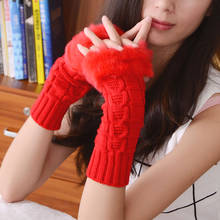Winter Women Faux Fur Gloves Knitting Wool Keep Warm Mitten Fingerless Lady Half Finger Stretch Cute Hand Gloves Christmas Gift 2024 - buy cheap