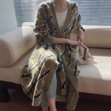 Verlena Wool Mohair Vintage Argyle Loose Cardigan Pockets Korean Fashion Long Sleeve Belt Oversized Long Sweater Tops Women 2021 2024 - buy cheap