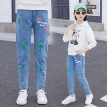 Kids Fashion Pants For Teenagers Girls Denim Pencil Pants With Ripped Hole Skinny Pink Green Color Print Slim Trousers 4-14Years 2024 - buy cheap