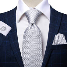 Oi-tie cinza branco xadrez luxo laços para homens caixa de presentes para gravata masculina hanky abotoaduras conjunto de seda gravata formal vestidos negócios 2024 - compre barato