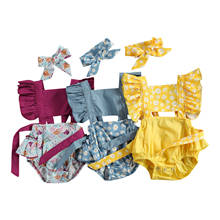 2 Pcs Newborn Casual Outfits, Baby Girl Daisy Print Fly Sleeve Square Collar Tie Up Ruffle Romper + Headband 2024 - buy cheap