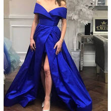 Blue side slit off the shoulder prom party evening dresses vestido de noiva sereia gown robe de soiree simple satin lace-up 2024 - buy cheap