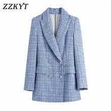 2021 Women's Vintage Blue Double Breasted Tweed Blazers Coat Women Elegant Office Ladies Long Sleeve Female Outerwear Blaser 2024 - buy cheap