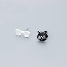 MloveAcc крутые черные серьги-гвоздики в виде кота и очков из настоящего серебра 925 пробы, женские серьги, ювелирные изделия 2024 - купить недорого