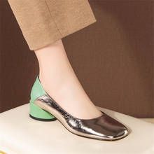 Pxelena sapatos de salto baixo redondo femininos, novo sapato feminino em couro artificial, cores mistas, quadrado, slip-on, tamanho grande 41 2024 - compre barato