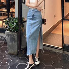 Denim Skirts Womens Korean Fashion Vintage Blue Summer 2021 High Waist A-Line Side Split Elgant Midi Skirt Femme 2024 - buy cheap