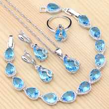 Conjunto de joias 925 prata cristal branco zircônia cúbica céu azul conjuntos para mulheres pingente brinco colar pulseira anel 2024 - compre barato
