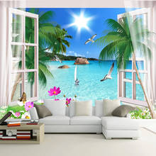 Papel de parede com foto 3d estilo paisagem da temporada, papel de parede para cenário, janela do mediterrâneo, paisagem da praia, sala de estar, sofá, plano de fundo 2024 - compre barato