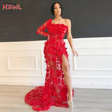 Vestido vermelho transparente de um ombro, mangas compridas, renda de sereia, apliques, fenda alta, vestido de formatura, 2021 2024 - compre barato
