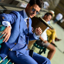 ANNIEBRITNEY 3 Peça Azul Slim Fit Men Suit Formal Personalizado Magro Do Casamento Do Noivo Smoking Slim Fit Homens Casamento Formal do baile de Finalistas conjunto terno 2024 - compre barato