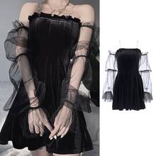 Mini vestido gótico de veludo preto para mulheres lolita com manga de malha e ombro de fora roupa de balada 2024 - compre barato