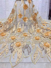 Tela de encaje africano dorado 2019 bordado de encaje de alta calidad flores hechas a mano tela de encaje francés con cuentas para vestido de novia 2024 - compra barato