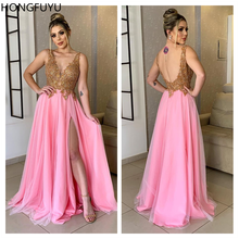 HONGFUYU Pink Sheer V-neck vestidos de gala fiesta Sleeveless Prom Dress with Gold Appliques Formal Evening Dresses Long Slit 2024 - buy cheap