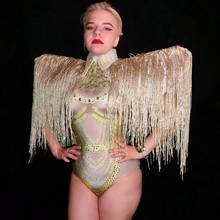 Gold Rhinestones Fringes Bodysuit 2 Pieces Set Dance Costume Women's Sexy Nightclub Bar Outfit Evening Stage Performance Wear 2024 - buy cheap