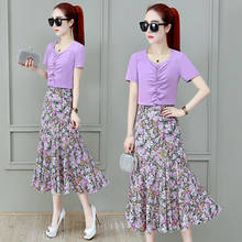 2021 Fashion Women Elegant 2 Piece Sets Purple Short Sleeve T-Shirt + Print Chiffon Elastic Waist Midi Skirt Suit Sweet Y617 2024 - buy cheap