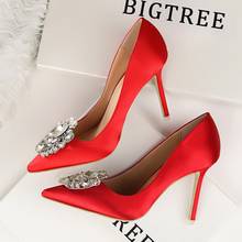 2021 Woman Elegant Big Size 10cm High Heels  Rhinestone Red Pink Silk Luxury Pumps Lady Satin Crystal Scarpin Bridal Pumps Shoes 2024 - buy cheap