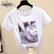 Coreano impresso feminino topos vintage branco manga curta camiseta o pescoço 2020 verão solto topos moda senhoras roupas 8642 50 2024 - compre barato