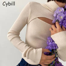 Cybill-Camiseta con cuello alto de punto para mujer, camiseta de manga larga informal con agujeros, ajustada, Otoño e Invierno 2024 - compra barato