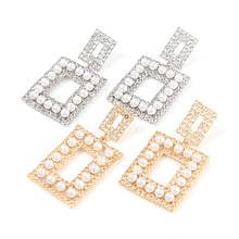 Fashion Metal Square Rhinestone Imitation Pearl Earrings Women's Creative Popular Dangle Earrings Banquet Accessories 2024 - buy cheap
