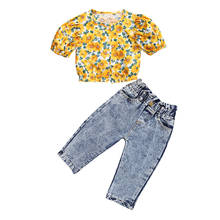 1-6 Years Children’s Summer Suit Yellow Floral Printed O-Neck Short Puff-Sleeves Top + Elastic-Waist Jeans for Little Girl 2024 - buy cheap