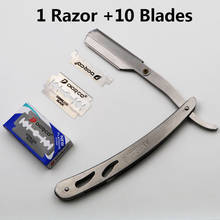 1 conjunto de lâminas de aço de borda do barbeiro em linha reta dobrável faca de barbear ferramentas de remoção do cabelo com 10 pçs lâminas 2024 - compre barato