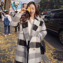 Женское шерстяное пальто, в черно-белую клетку, средней длины, с отворотами, в Корейском стиле, осенняя верхняя одежда 2024 - купить недорого