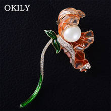 OKILY Elegance Lotus Flower Enamel Brooch Pin CZ Unique Pearl Brooch for Women Scarf Shawl Coat Suit Jewelry Accessories 2024 - buy cheap