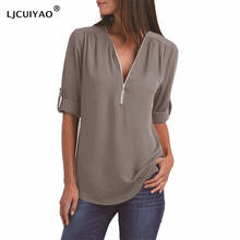 Ljcuiyao plus size camisas femininas outono casual gola v zíper blusa feminina tops e blusas de manga comprida blusa feminina 2024 - compre barato