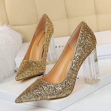 Golden Silver Bling Bridal Wedding shoes Woman  Clear Thick Heel Fashion Pumps High Heeled Pointed Toe Party shoe 2024 - buy cheap