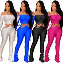 Women Two Piece Set 2021 Autumn Winter Long Sleeve Off The Shoulder Crop Top And Solid Slim Fit Flare Stacked Pants Lace Up 2024 - buy cheap