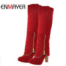 ENMAYER Flock Fashion Women Winter Boots Shoes New Long Boots For Women Big Size Snow Round Toe Square heel High Boots Shoes 2024 - buy cheap