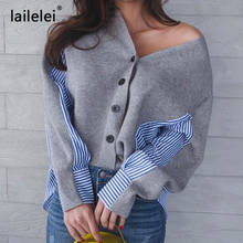 Female Patchwork Sweater Button Cardigan Laine Lovely Jumper V Neck Black Grey Sweaters Casual Women Autumn Knitting Stripe Tops 2024 - buy cheap