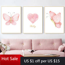 Pink Heart Butterfly Wall Art Canvas Painting Prints Custom Name Nordic Nursery Wall Pictures Posters Girl Baby Room Decor 2024 - buy cheap