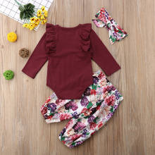 Conjunto de ropa de princesa para niña, Pelele de manga con mosca + Pantalones florales + diadema, ropa de otoño para niña de 0 a 18M 2024 - compra barato