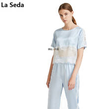 Momme-Conjunto de pijama de encaje de seda 100% para mujer, ropa de dormir Sexy de manga corta, de cuello redondo, 19 2024 - compra barato