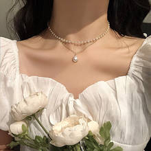 Colar de pérola com pingente feminino, gargantilha corrente dourada e de dupla camada, joia coreana 2024 - compre barato
