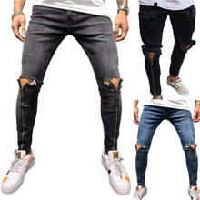 Fashion Men Pants Distressed Ripped Jeans Zip Slim Skinny Denim Bottoms Trousers 2024 - buy cheap