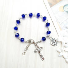 QIGO Catholic Jewelry Jesus Cross Rose Pendant Blue Crystal Strand Braclet  For Men Women 2024 - buy cheap