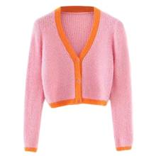 Women Long Sleeve Knit Cardigan Contrast V-Neck Furry Buttons Sweater Crop Top 094B 2024 - buy cheap