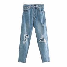 Za nin jeans de cintura alta com design de cinco bolsos, desenho rasgado com zíper frontal e botão de parte superior de metal 2024 - compre barato
