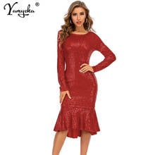 Vestidos sexys de lentejuelas rojas para mujer, vestidos de manga larga, elegantes e informales, trajes de fiesta para club nocturno, vestidos ajustados para mujer 2024 - compra barato