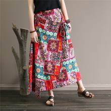 Vintage Print Skirts Womens 2021 New Summer Women Irregular High Waist Lace-Up A-Line Ankle-Length Cotton Linen Skirt 12532 2024 - buy cheap