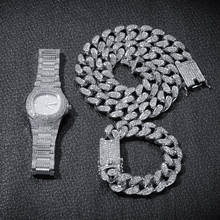 Conjunto de collar, reloj y pulsera con caja, Hip Hop, Miami, cadena cubana de plata con diamantes de imitación incrustados, joyería ostentosa CZ para hombres 2024 - compra barato