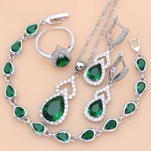 Joyería de plata de ley 925, conjuntos de joyas de cristal blanco de CZ verde para mujer, pendientes/colgante/Collar/anillos abiertos/pulsera 2024 - compra barato