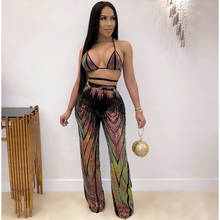 Костюм женский из двух предметов с разноцветными блестками, обтянутый на грудь, пикантный костюм для ночного клуба, вечеринки 2024 - купить недорого