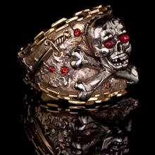 Anillo de aleación gótico para hombre y mujer, máscara de calavera tallada en oro, estilo Hip Hop, Rock, ojos rojos, anillos de esqueleto de pirata, joyería única 2024 - compra barato