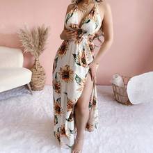 Bohemian Women Dress Deep V Neck Large Slit Hem Sunflower Print Backless Maxi Sling Dress Evening Party Long Dresses  2024 - buy cheap