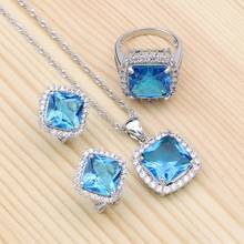 Prata 925 kits de jóias para mulheres presente de noivado branco cristal céu azul zircônia cúbica brincos/pingente/colar/anel conjunto 2024 - compre barato